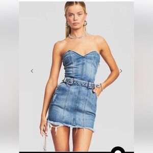 Retrofete Ashlyn strapless mini Raw-hem denim dress with belt (sold out ) sz L
